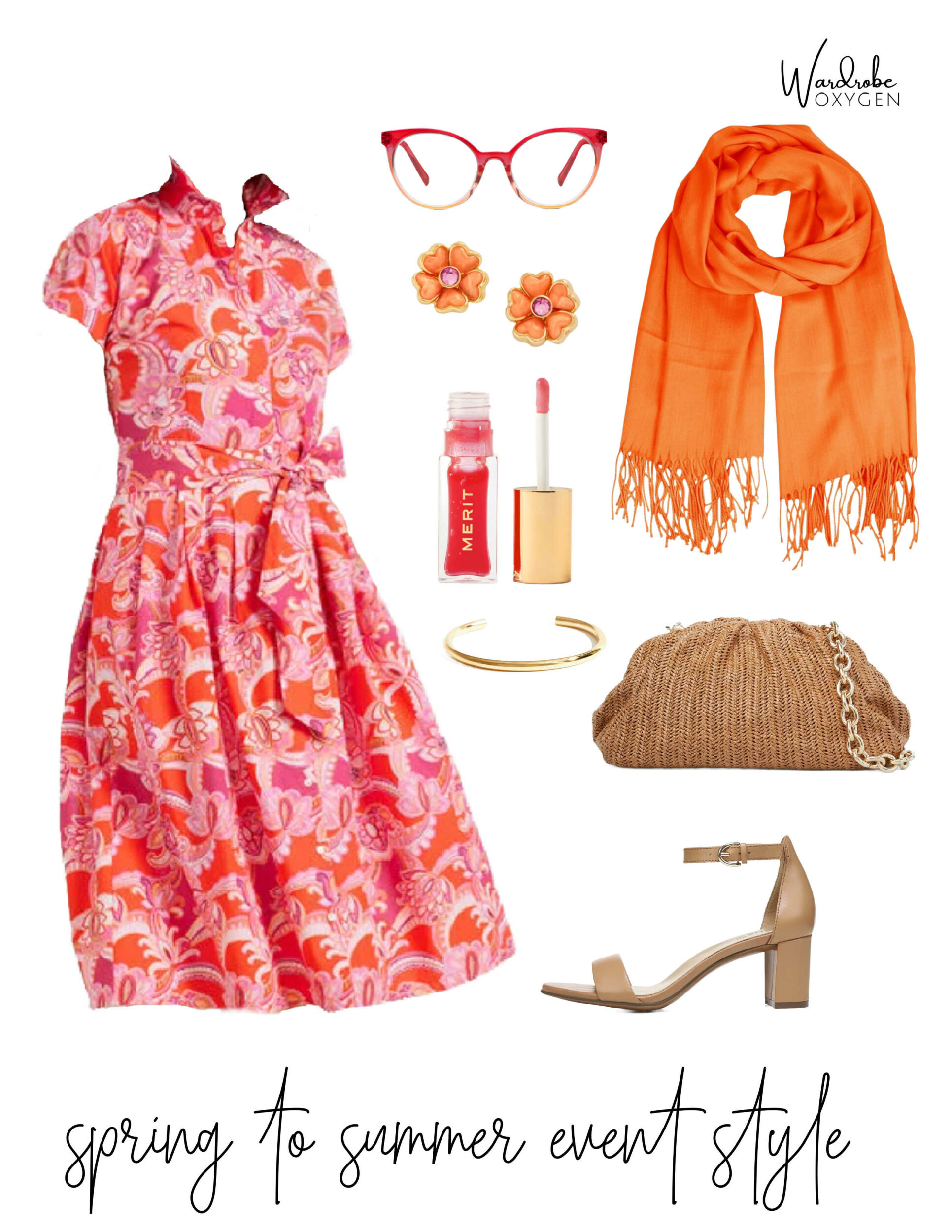 A collage featuring an orange and pink floral cotton shirtdress from Talbots with a raffia clutch, heeled sandals, and orange accessories for a summer event for women over 40