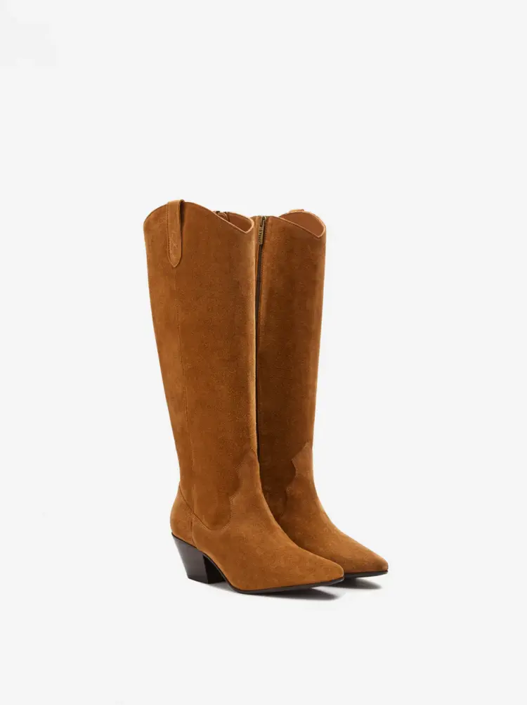 duo boots saffron knee high boots in tan suede