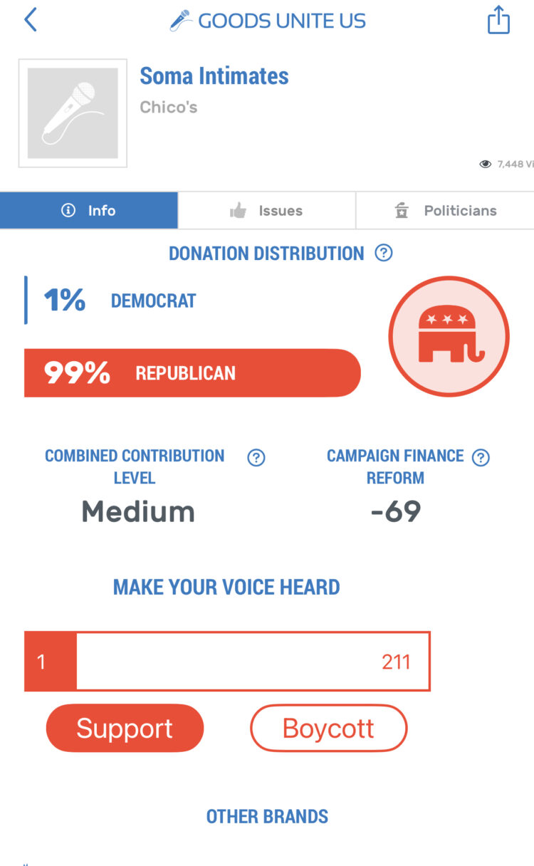 screenshot from the app Goods Unite Us showing that Soma Intimates is 99% republican without any detail explaining why