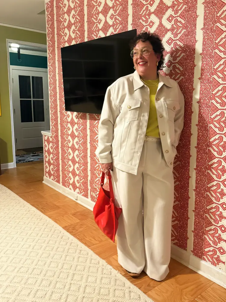 How to Style Wide Leg Pants as a Grown-ass Woman (2026 Guide) 15 Alison Gary of Wardrobe Oxygen in LOFT Versa Crepe wide leg pants and matching jacket