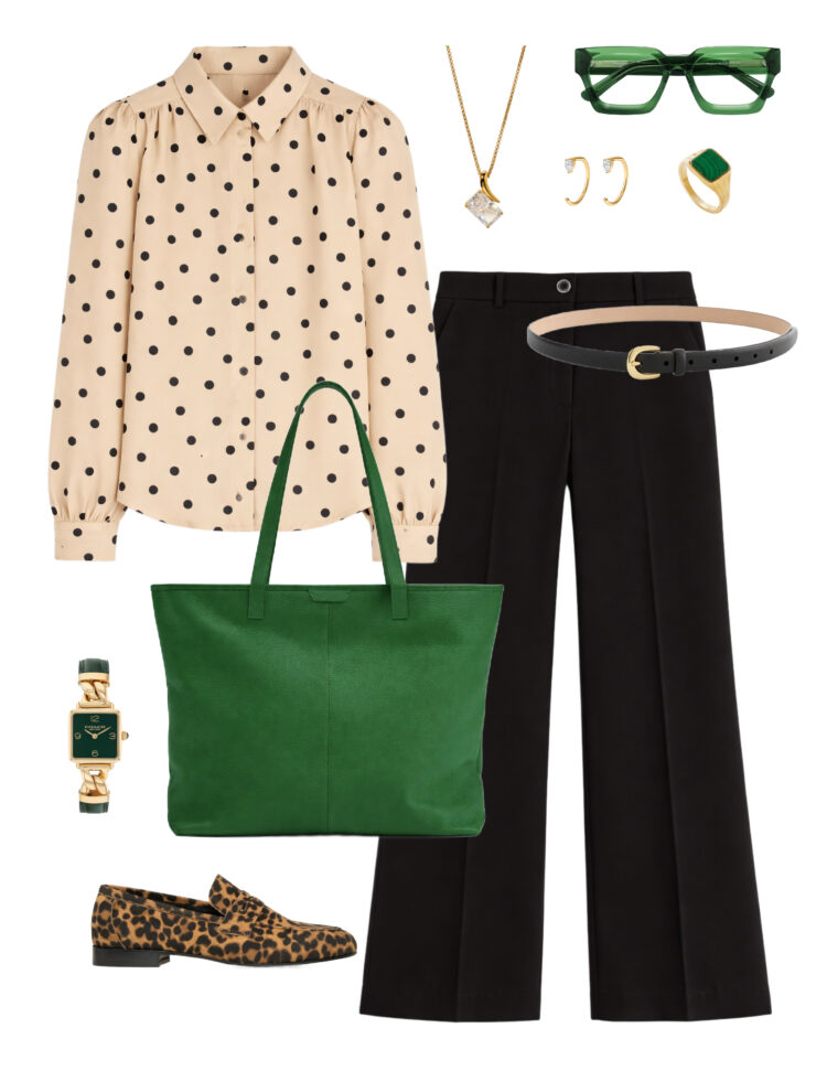 How to Style Wide Leg Pants as a Grown-ass Woman (2026 Guide) 2 how to style wide leg pants at work featuring a polka dot blouse from Boden and Ann Taylor wide leg trousers