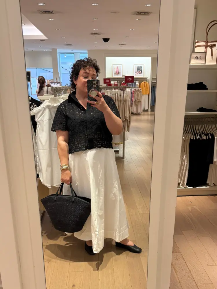 What I Wore Recently: July 2026 2 Mall outfit: M.M.LaFleur top, Ann Taylor skirt, Camper flats, and COS bag