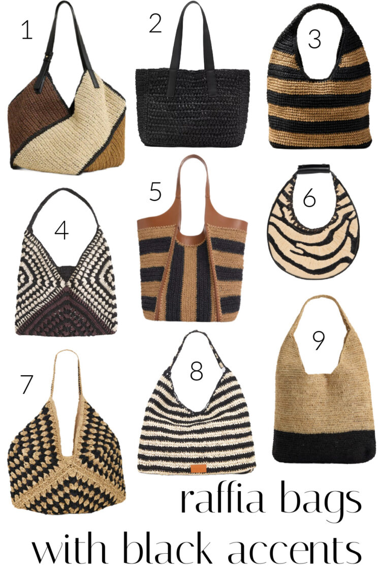The Most Stylish Raffia and Straw Bags for Spring & Summer 2026 3 a collage of nine raffia bags with black accents for spring 2026 curated by wardrobe oxygen