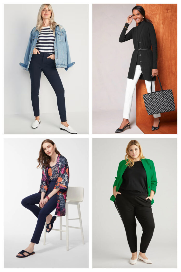 collage of four fashionable outfits with skinny pants
