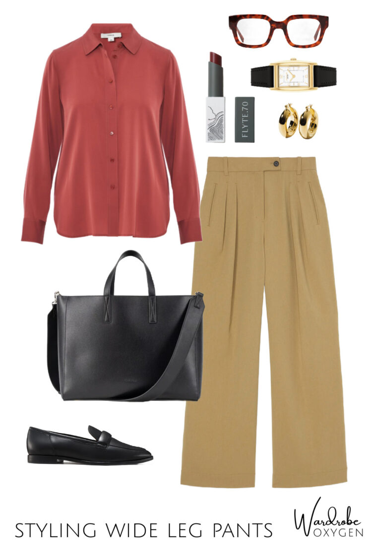 tips on how to style wide leg pants for the office featuring a Quince silk shirt and M.M.LaFleur wide leg trousers