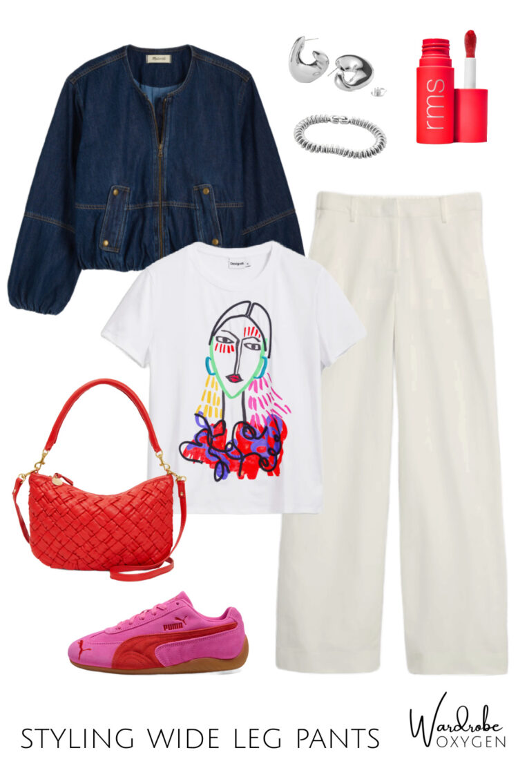collage showing how to style wide leg pants with a graphic t-shirt