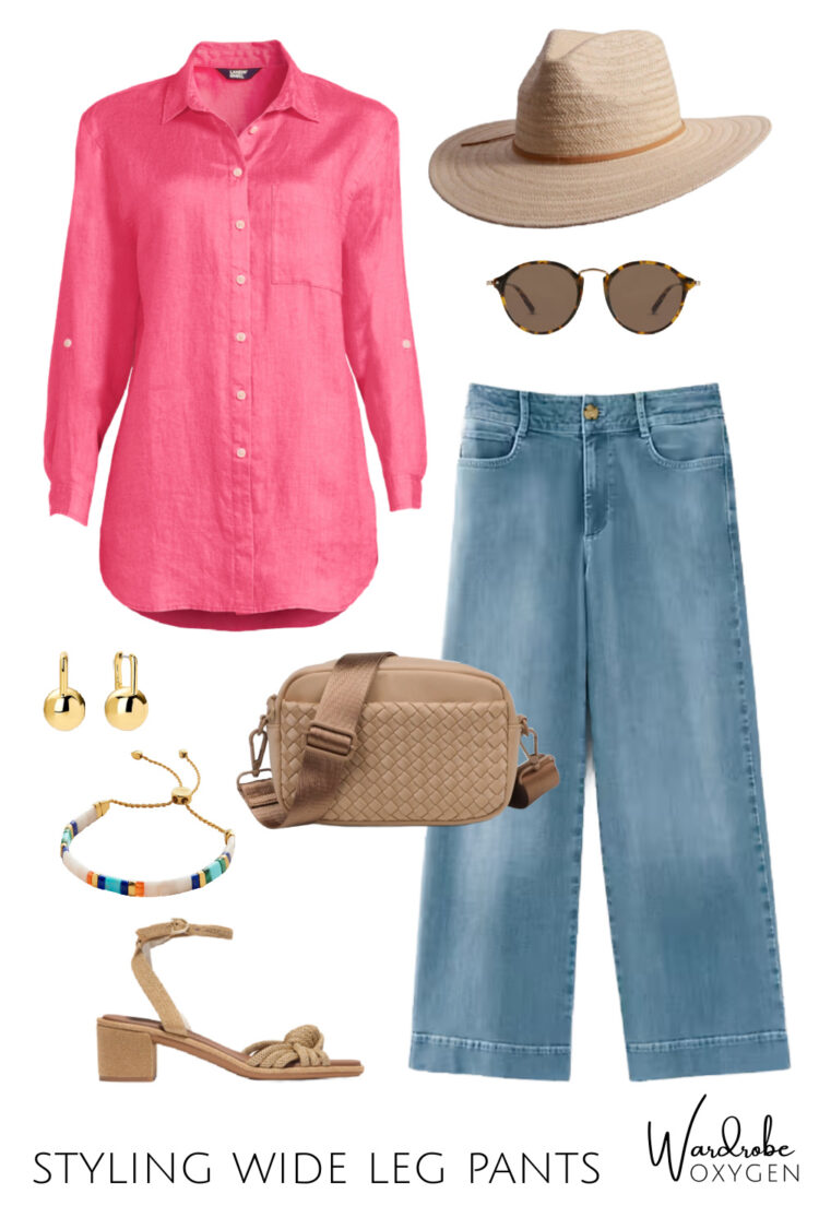 tips on how to style wide leg pants with an untucked top featuring J.Jill jeans and a Lands' End linen tunic