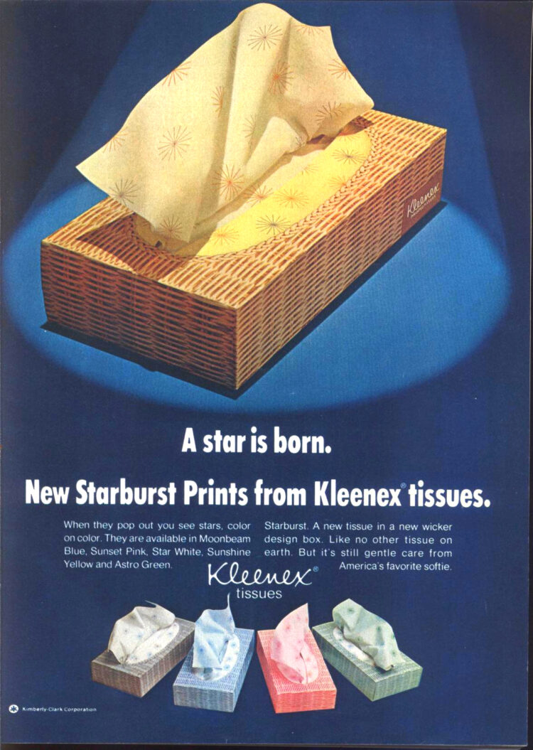 Kleenex ad from the late 1970s showcasing facial tissue in pastel colors and prints