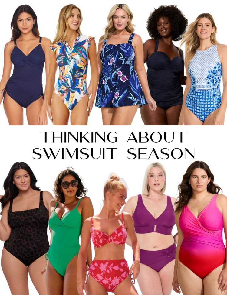 collage of 10 swimsuits for grown women