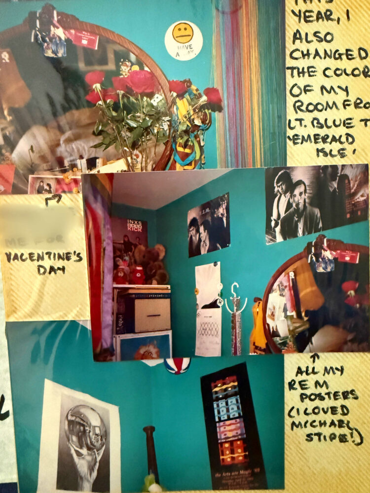 a page from an old photo album showing three pictures of a teenager's bedroom in the early 1990s painted bright green with REM posters