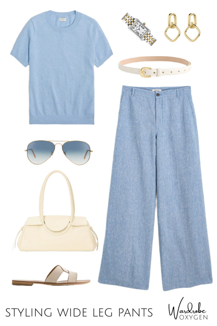 collage of a blue linen wide leg pant styled for summer work with a sweater tee and cream accessories