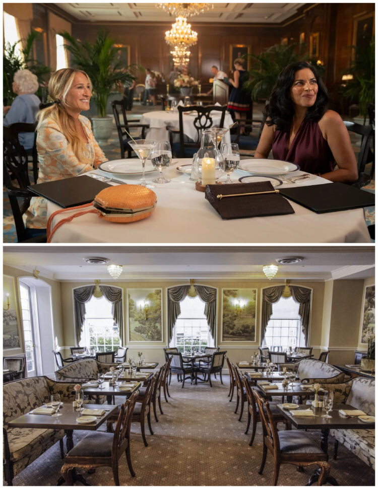 a collage showing Carrie and Seema from And Just Like That in a virginia restaurant versus a restaurant at The Williamsburg Inn