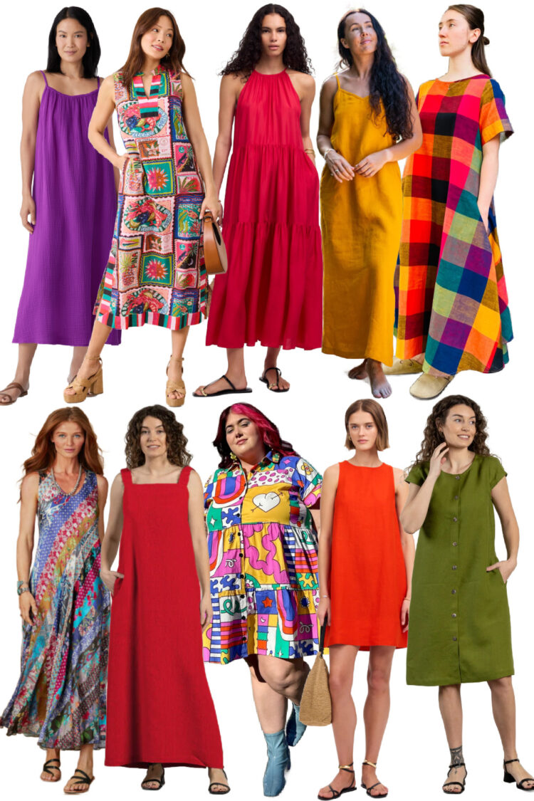 ten colorful summer dresses in natural fabrics like cotton and linen