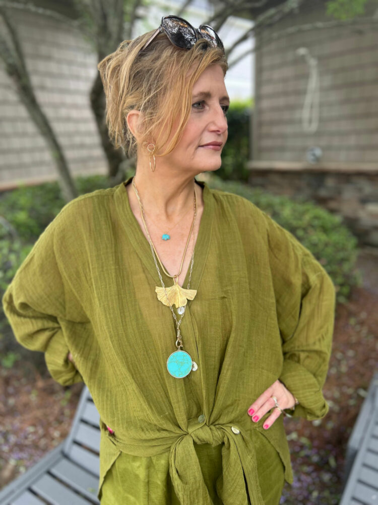 Amy Poole wearing a linen shirt from Monday Swimwear for Wardrobe Oxygen