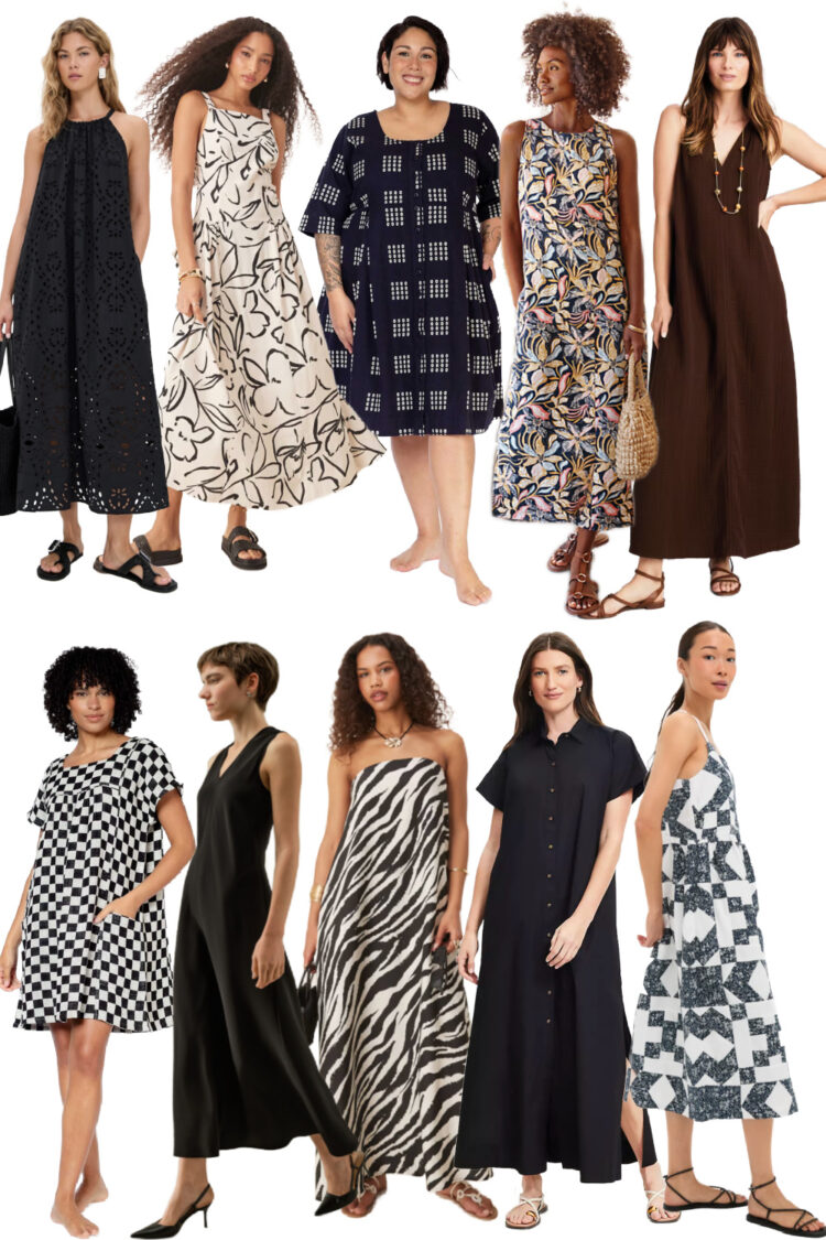 ten black and printed dresses for women made from linen cotton and other natural fibers