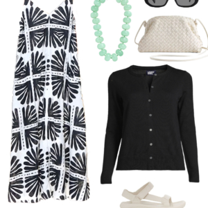 Collage of an outfit from a summer vacation capsule wardrobe