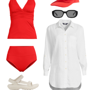 Collage of an outfit from a summer vacation capsule wardrobe