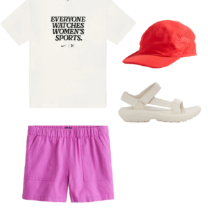 Collage of an outfit from a summer vacation capsule wardrobe