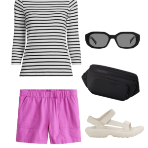 Collage of an outfit from a summer vacation capsule wardrobe