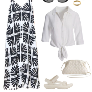 Collage of an outfit from a summer vacation capsule wardrobe