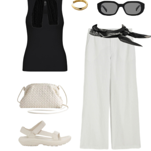 Collage of an outfit from a summer vacation capsule wardrobe