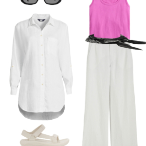 Collage of an outfit from a summer vacation capsule wardrobe