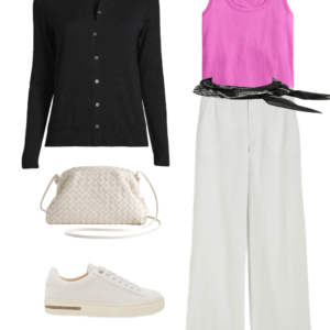 Collage of an outfit from a summer vacation capsule wardrobe