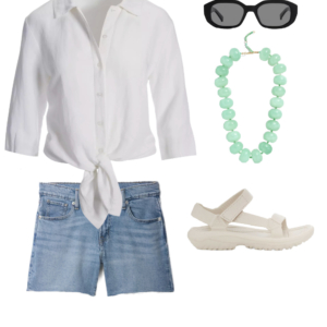 Collage of an outfit from a summer vacation capsule wardrobe