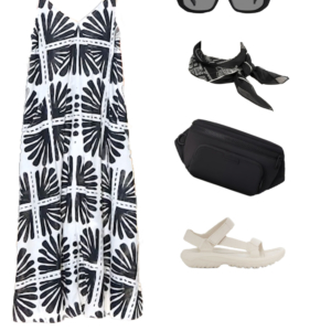Collage of an outfit from a summer vacation capsule wardrobe