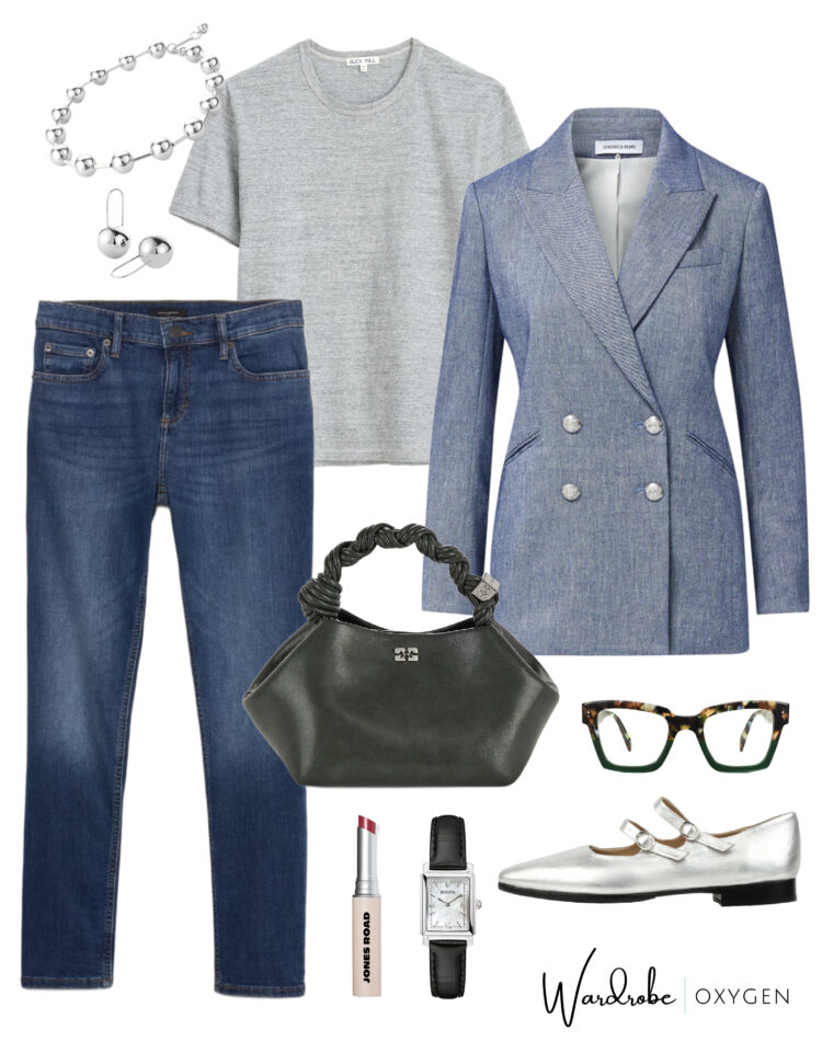 collage showing ankle jeans styled for 2025 with a veronica bead blazer and poppy barley mary jane flats