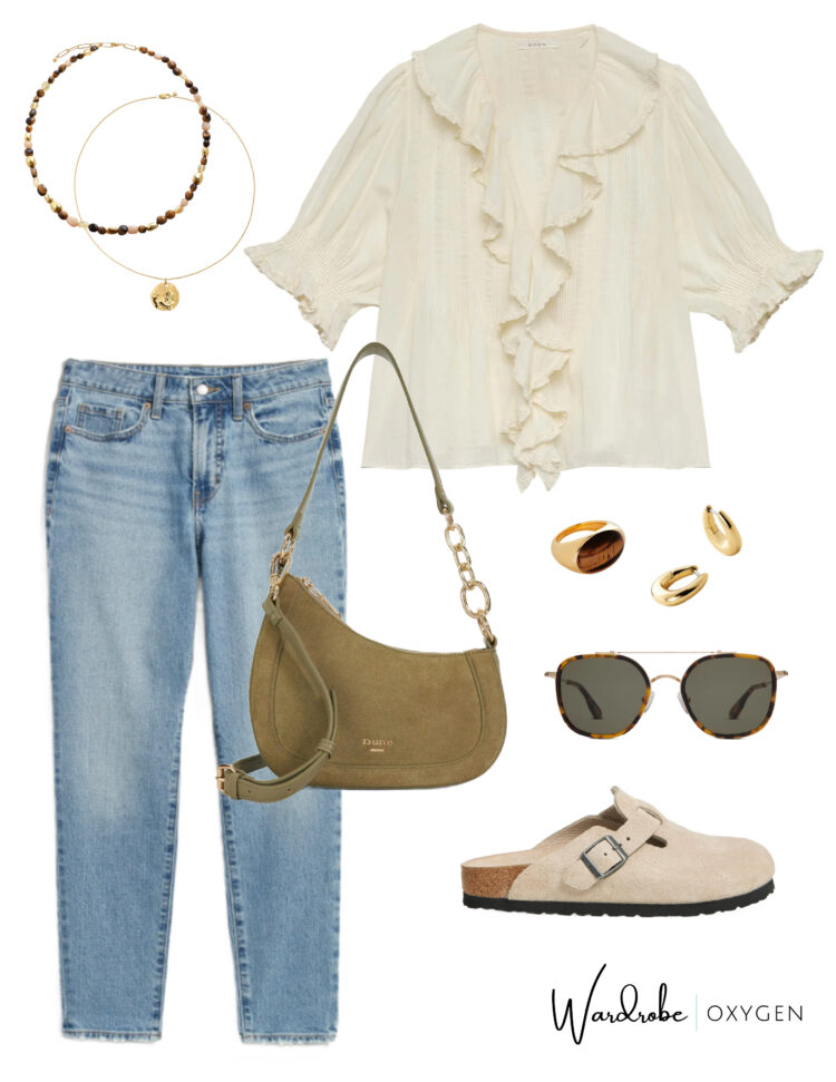 how to style ankle jeans with clogs in 2025 featuring old navy ankle jeans and a Doen peasant top and Dune London suede shoulder bag