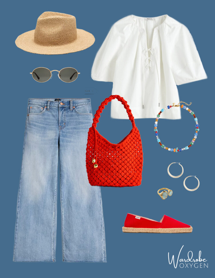how to style red espadrilles with cropped jeans and a white poplin shirt