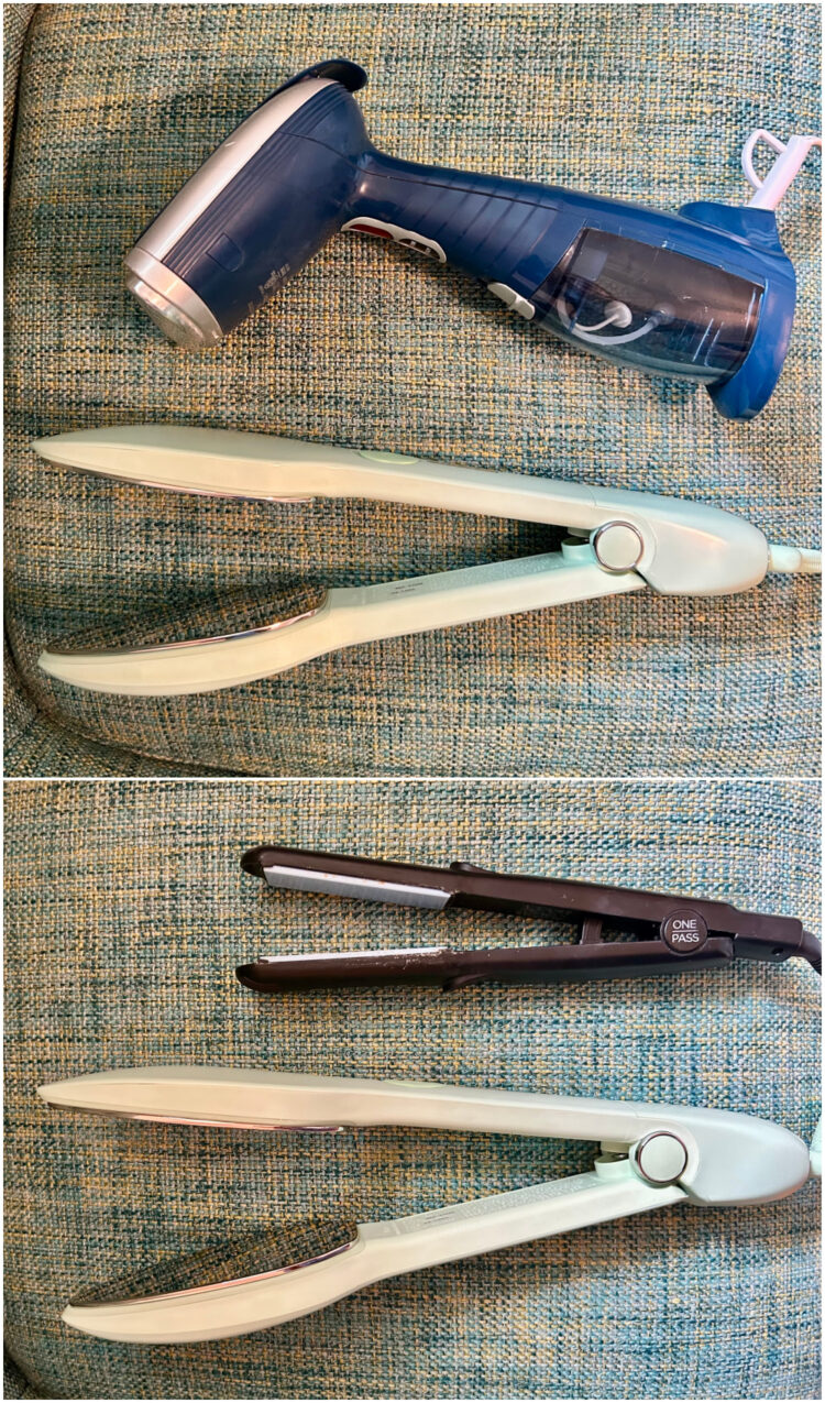 size of the nori press steam iron in comparison to a travel garment steamer and a flat iron
