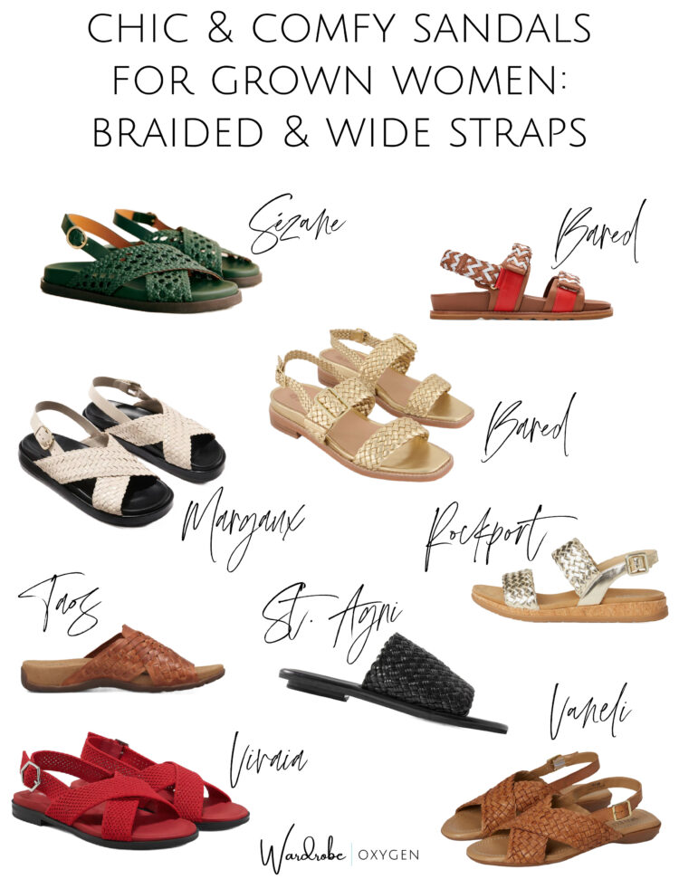 collage of chic comfy sneakers for women 2025 featuring sandal trends of braided leather and wider straps on flatter sandals