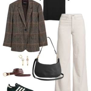 Look 1 from the teacher capsule wardrobe for fall featuring cream wide leg corduroy jeans