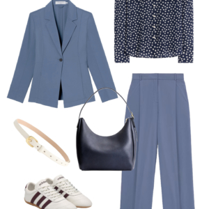 Look 1 from the work-friendly capsule wardrobe for women over 40 featuring an M.M.LaFleur OrigamiTech suit