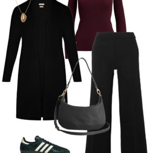 Look 11 from the teacher capsule wardrobe for fall featuring Spanx black ponte knit pull-on pants
