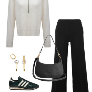 Look 14 from the teacher capsule wardrobe for fall featuring Spanx black ponte knit pull-on pants