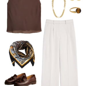 Look 14 from the work-friendly capsule wardrobe for women over 40 featuring a LOFT Versa pantsuit