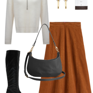 Look 15 from the teacher capsule wardrobe for fall featuring a Boden corduroy midi skirt