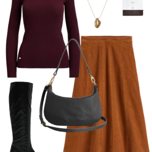 Look 16 from the teacher capsule wardrobe for fall featuring a Boden corduroy midi skirt