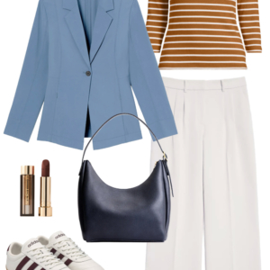 Look 16 from the work-friendly capsule wardrobe for women over 40 featuring a LOFT Versa pantsuit