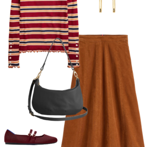Look 17 from the teacher capsule wardrobe for fall featuring a Boden corduroy midi skirt