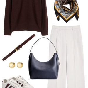 Look 17 from a travel-friendly and work-friendly fall capsule wardrobe for women over 40 in shades of chocolate brown, dusky blue, and bone