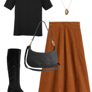 Look 18 from the teacher capsule wardrobe for fall featuring a Boden corduroy midi skirt