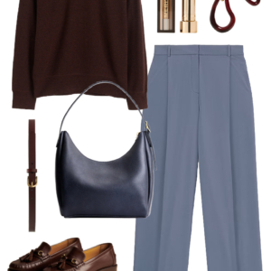 Look 18 from a travel-friendly and work-friendly fall capsule wardrobe for women over 40 in shades of chocolate brown, dusky blue, and bone