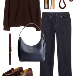 Look 19 from a travel-friendly and work-friendly fall capsule wardrobe for women over 40 in shades of chocolate brown, dusky blue, and bone