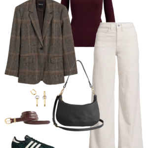 Look 2 from the teacher capsule wardrobe for fall featuring cream wide leg corduroy jeans