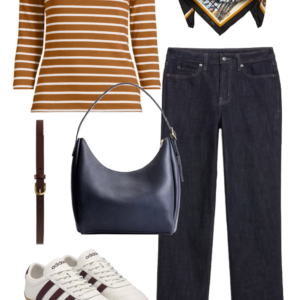 Look 20 from a travel-friendly and work-friendly fall capsule wardrobe for women over 40 in shades of chocolate brown, dusky blue, and bone