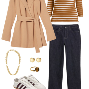 Look 21 from a travel-friendly and work-friendly fall capsule wardrobe for women over 40 in shades of chocolate brown, dusky blue, and bone